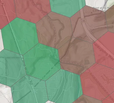 Broadband service area hexes at Point of the Mountain